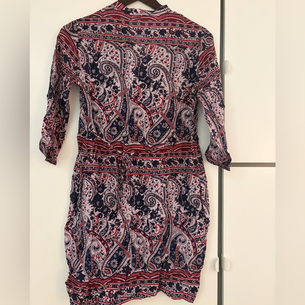 Massimo Dutti Paisley Tie-Waist Long Sleeve Dress - Navy & Red